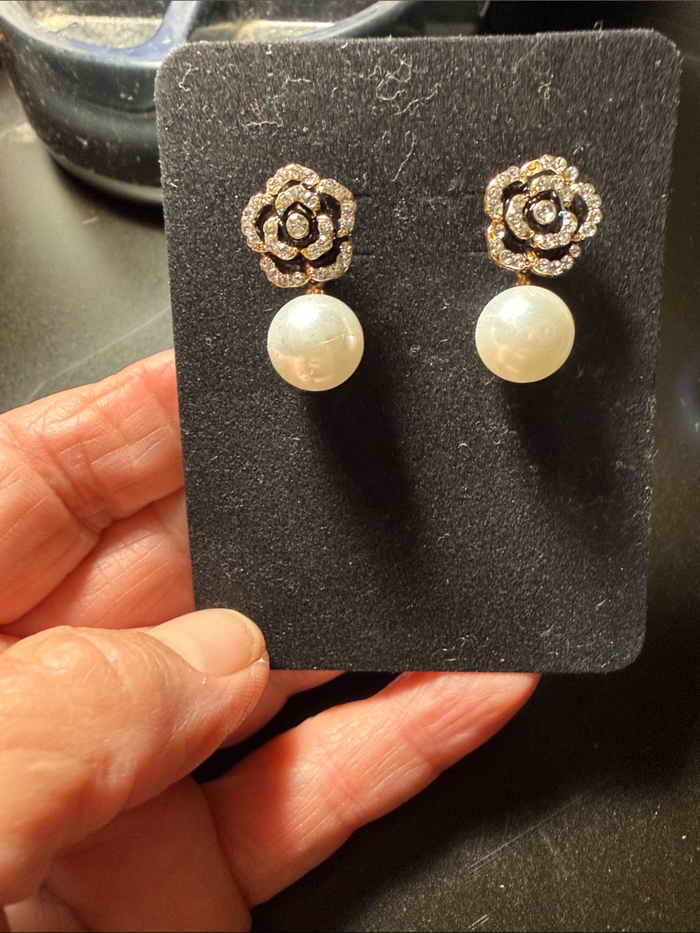 Pearl Drop Flower Crystal pierced  Earrings - Gold and White